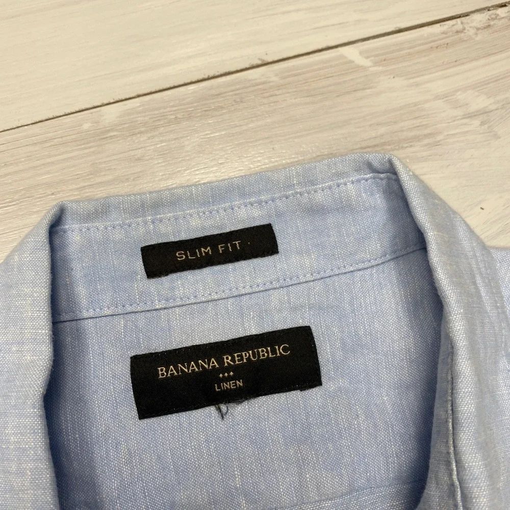 Banana Republic Linen Shirt Mens Large Blue Slim Fit Short Sleeve Button Down